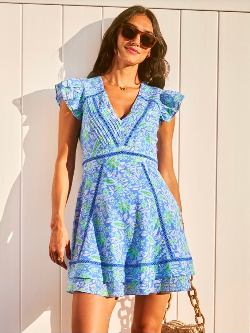 Vineyard Vines Blue and Green Floral V-Neck Mini Dress